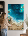 Handcrafted resin artwork showing turquoise water and natural rock formations