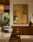 Contemporary Pichwai abstract statement art mounted above wooden console table in foyer