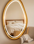 Teak Wood LED Wall Mirror 48 x 32 Inch | Large Designer Wooden Mirror with LED Light for Bedroom & Home Decor