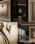 Oversized 5.5 by 4 ft Metamorphosis textured relief wall mural hung above sofa in luxury living room