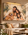 A large framed custom family portrait print hangs on a beige wall above a modern sofa in a styled living room. The artwork depicts a smiling family of four with a golden retriever dog, rendered in warm cream, tan, brown, and soft green tones.