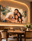 A large rectangular canvas wall art print showing a family portrait with a golden retriever dog, displayed in a warmly lit dining room above a wooden table and chairs.