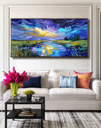 Multicolor Celestial Reflection Textured Night Sky Landscape Painting, Hand-Painted Canvas Art For Modern Interiors - Artwallpainting