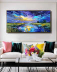 Multicolor Celestial Reflection Textured Night Sky Landscape Painting, Hand-Painted Canvas Art For Modern Interiors - Artwallpainting