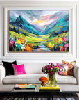 Multicolor Radiant Valley Colorful Textured Mountain Landscape Painting, Hand-Painted Canvas Wall Art For Living Room - Artwallpainting