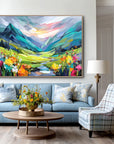 Multicolor Radiant Valley Colorful Textured Mountain Landscape Painting, Hand-Painted Canvas Wall Art For Living Room - Artwallpainting