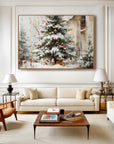 Multicolor Textured Christmas Eve Charm | Snowy Tree With Cardinals Textured Oil Painting - Artwallpainting