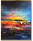 Multicolor Vivid Horizon-Hand-Painted Abstract Wall Art Featuring The Glow Of The Sunset Over The Ocean Waves - Artwallpainting