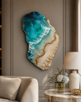 Luxury ocean resin wall art with gold accents