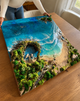 Layered turquoise ocean resin art with realistic waves and coastal textures