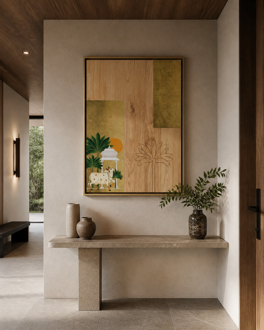 Close-up of sculpted 3D relief texture and metallic gold leaf accents on modern Pichwai painting