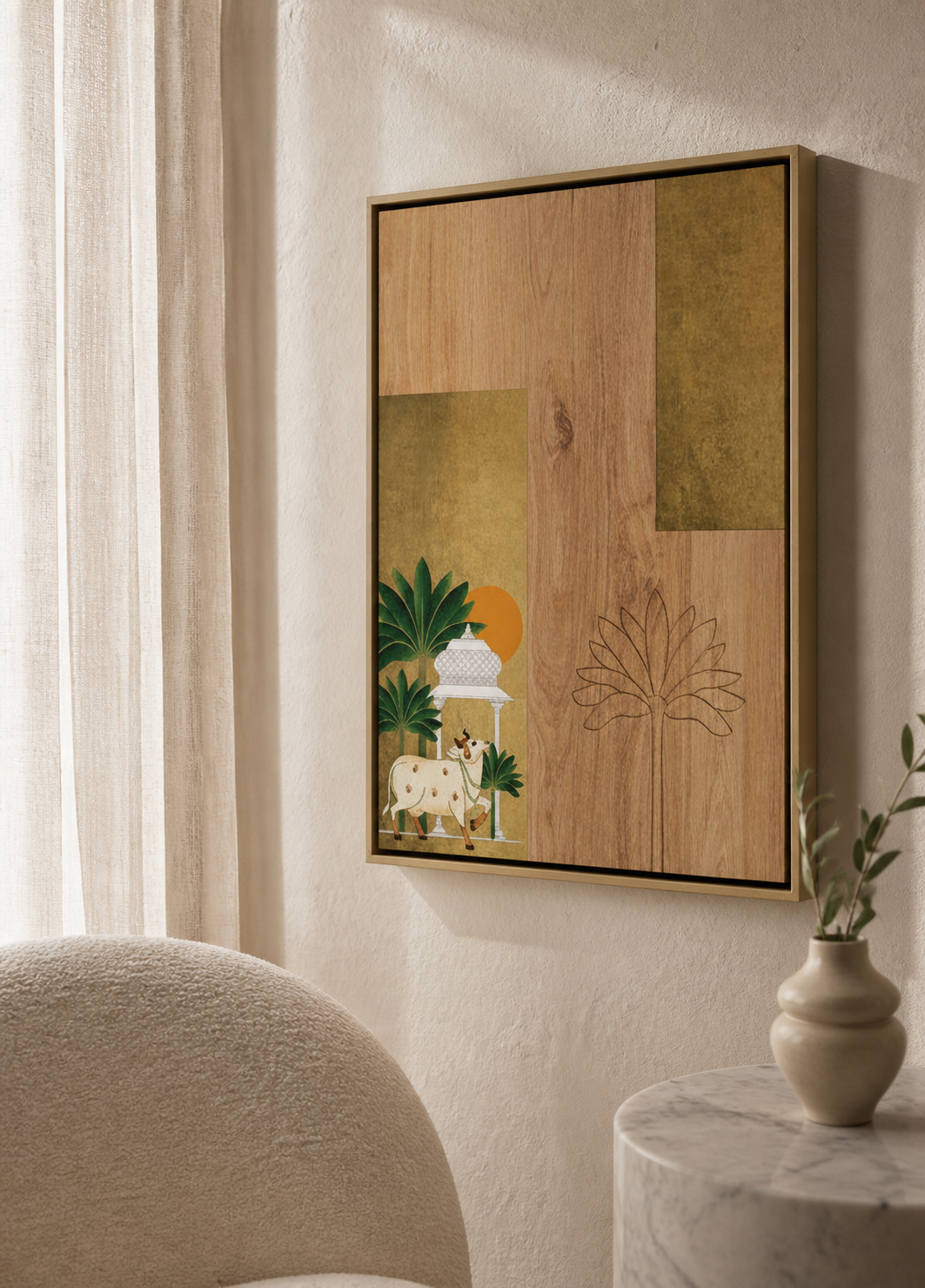 Large contemporary Pichwai 3D textured abstract wall art hung above modern sofa in luxury living room