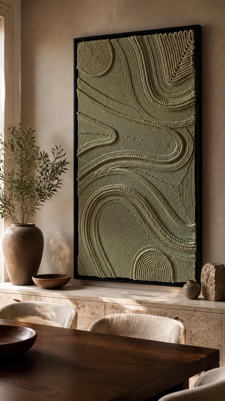 Soft warm room lighting highlighting tactile macrame loops on Natural Recital artwork