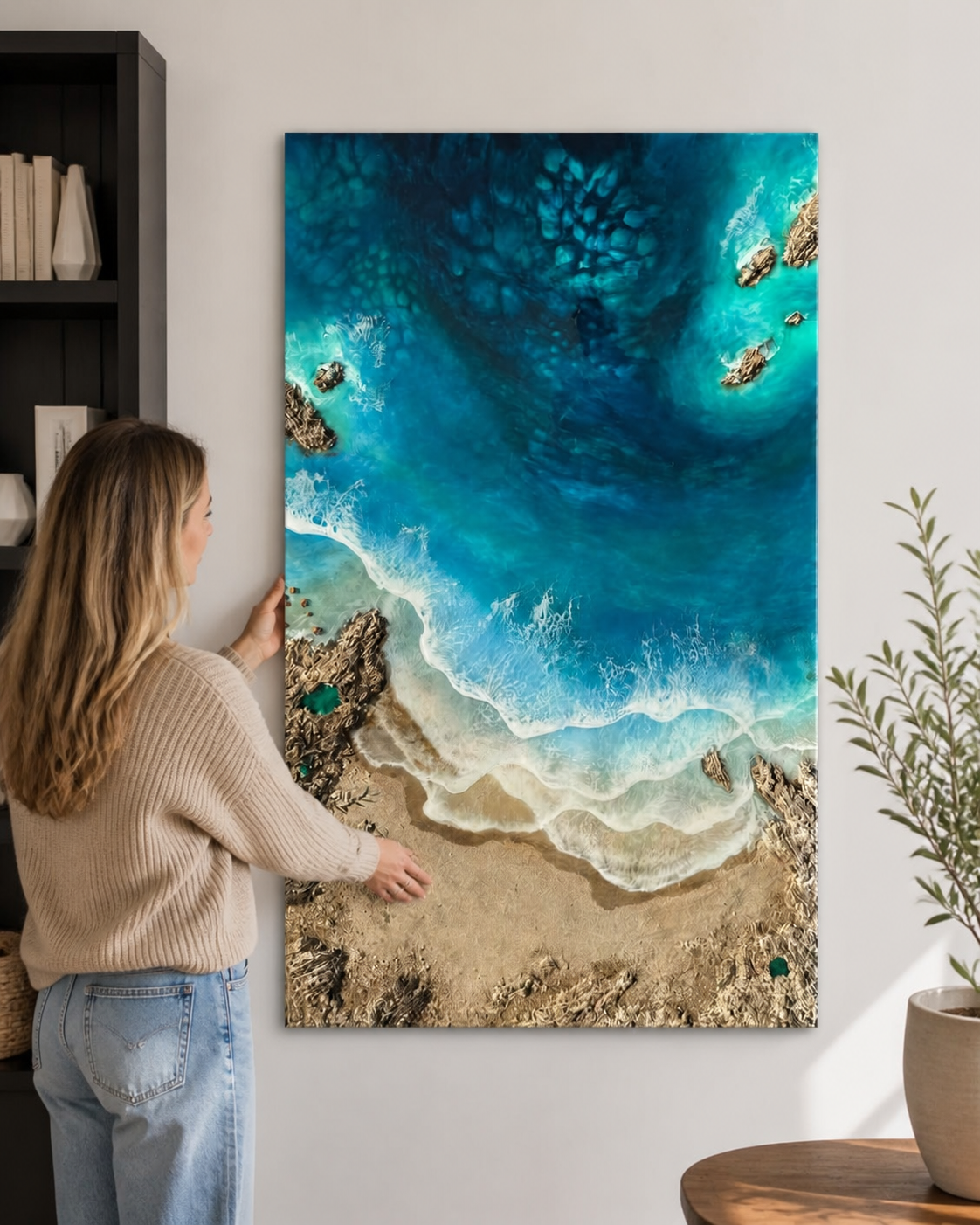 Handcrafted resin artwork showing turquoise water and natural rock formations