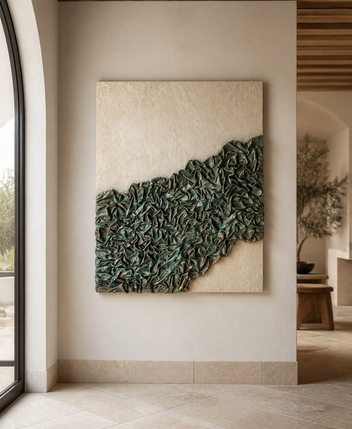 Detailed close up of draped textile folds and heavy relief texture on Piece of Iceberg artwork