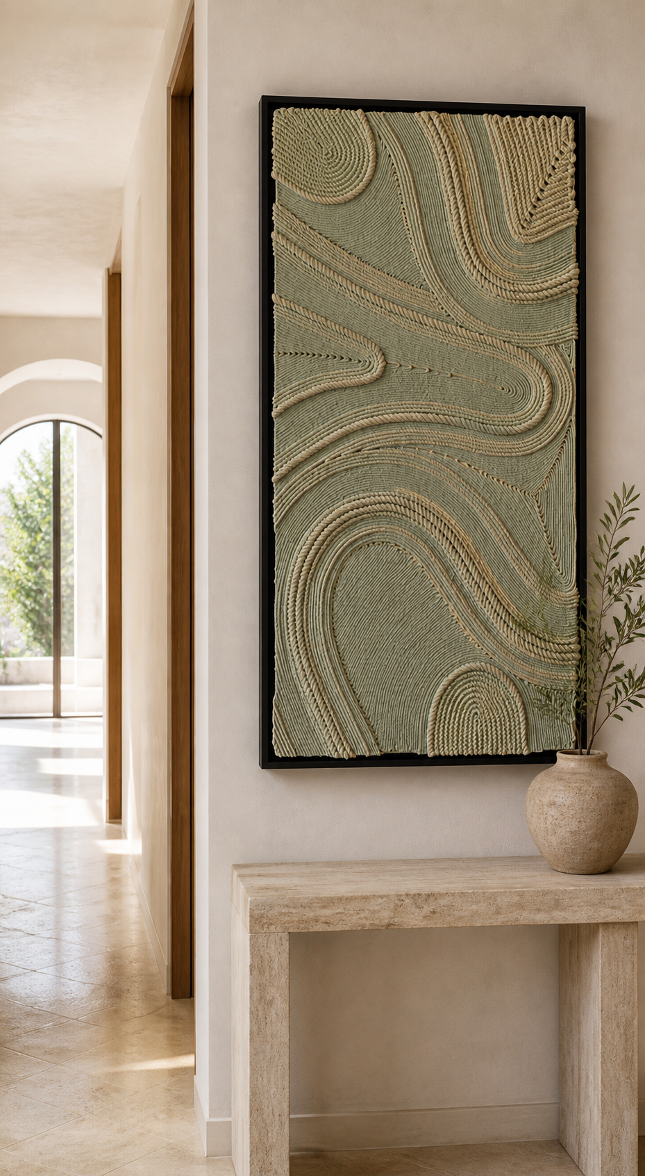 Natural Recital 24x30 inch thread wall art mounted vertically above entryway console table