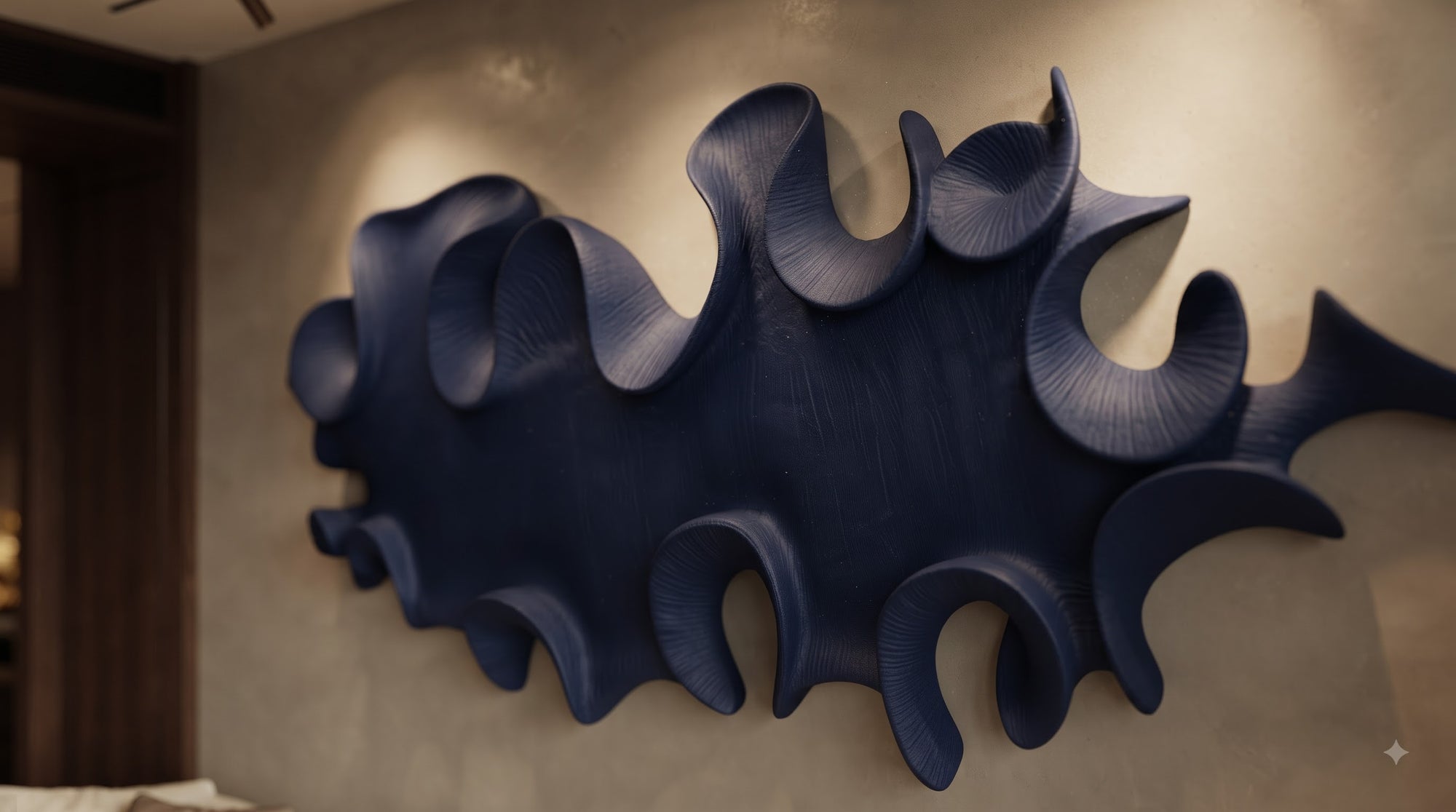 Panoramic Seaweed Abstract 48x18 inch 3D wall art hung horizontally above modern console table
