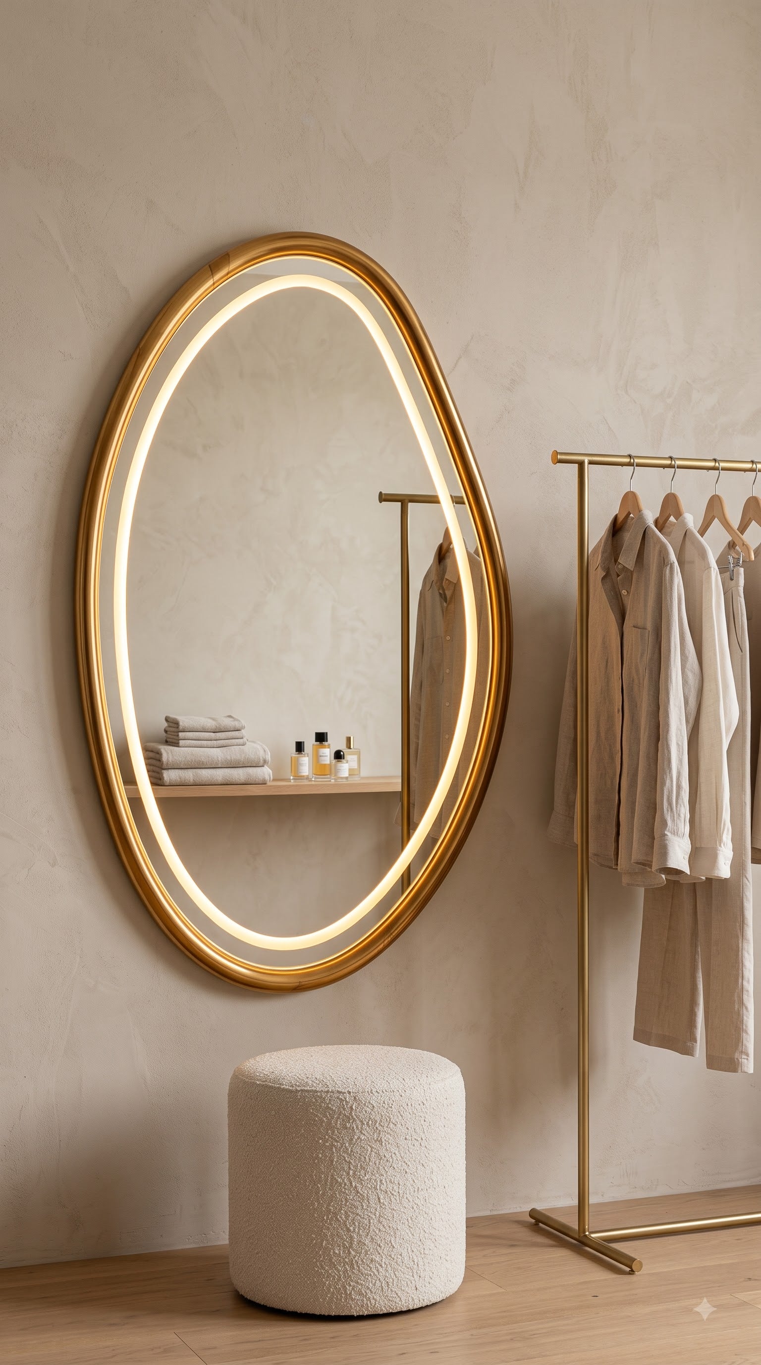 Teak Wood LED Wall Mirror 48 x 32 Inch | Large Designer Wooden Mirror with LED Light for Bedroom &amp; Home Decor