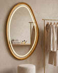 Teak Wood LED Wall Mirror 48 x 32 Inch | Large Designer Wooden Mirror with LED Light for Bedroom & Home Decor
