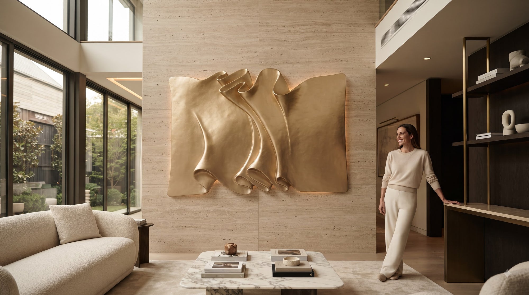 Warm spotlight reflection casting dramatic architectural shadows on 3D sculpted textured wall art