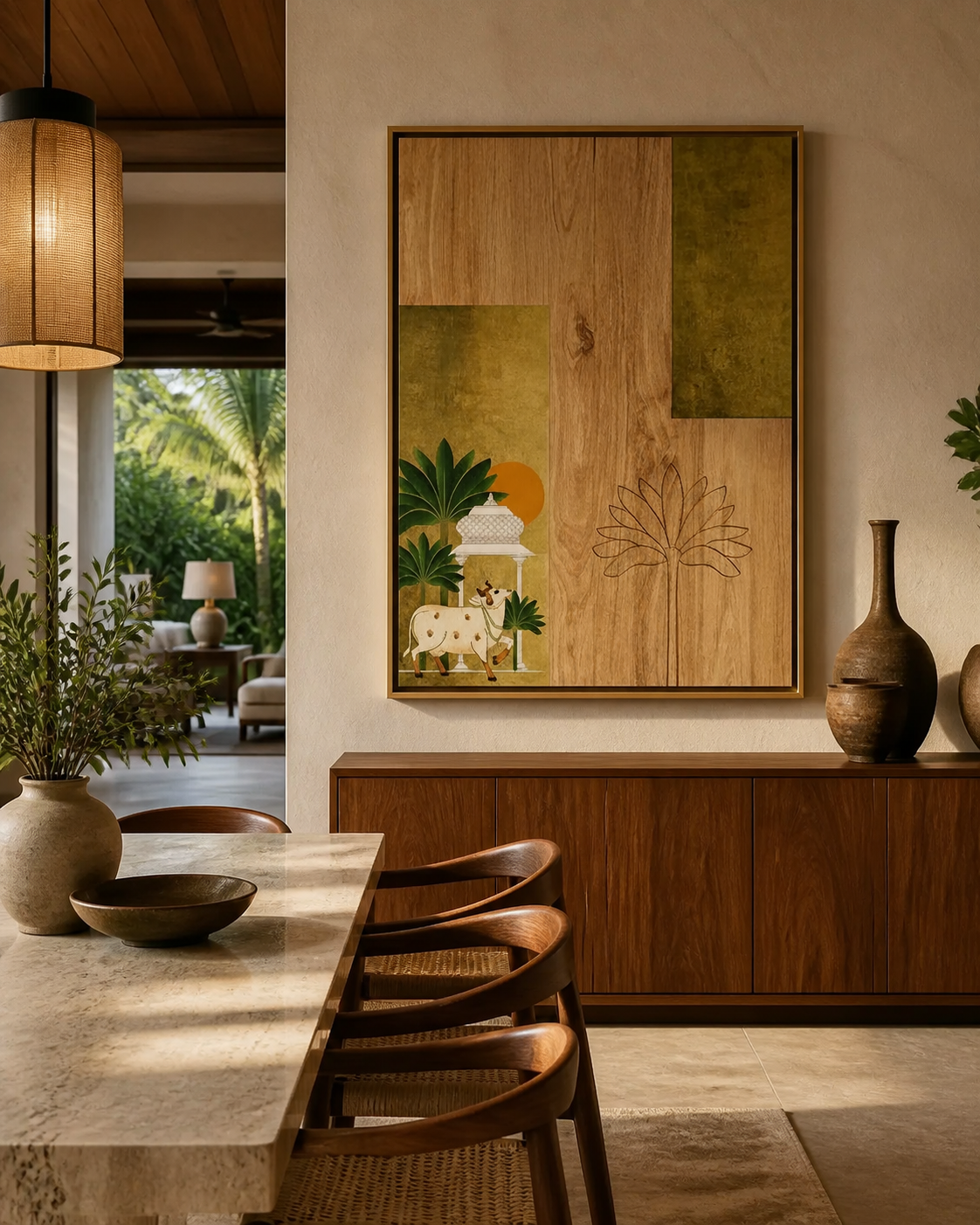 Contemporary Pichwai abstract statement art mounted above wooden console table in foyer