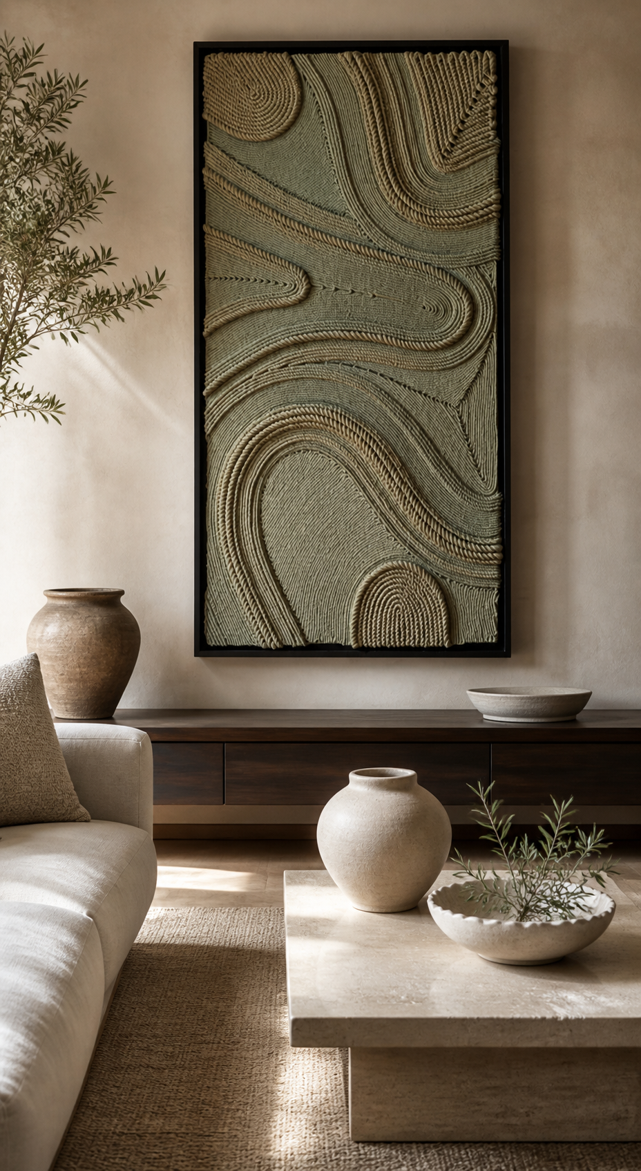 Natural Recital 2x2.5 ft luxury 3D macrame and thread textured wall art on waterproof HDMR board