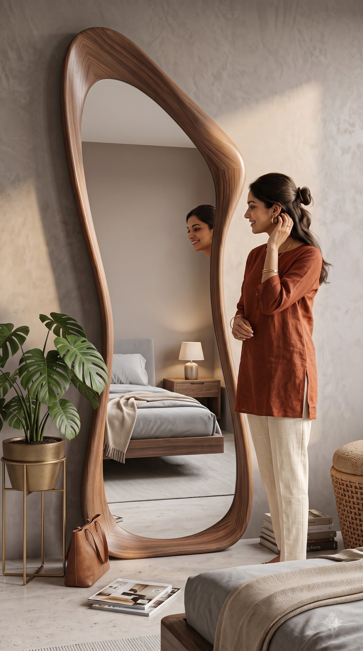 Head to toe distortion free reflection in designer 52x18 teak wood standing mirror