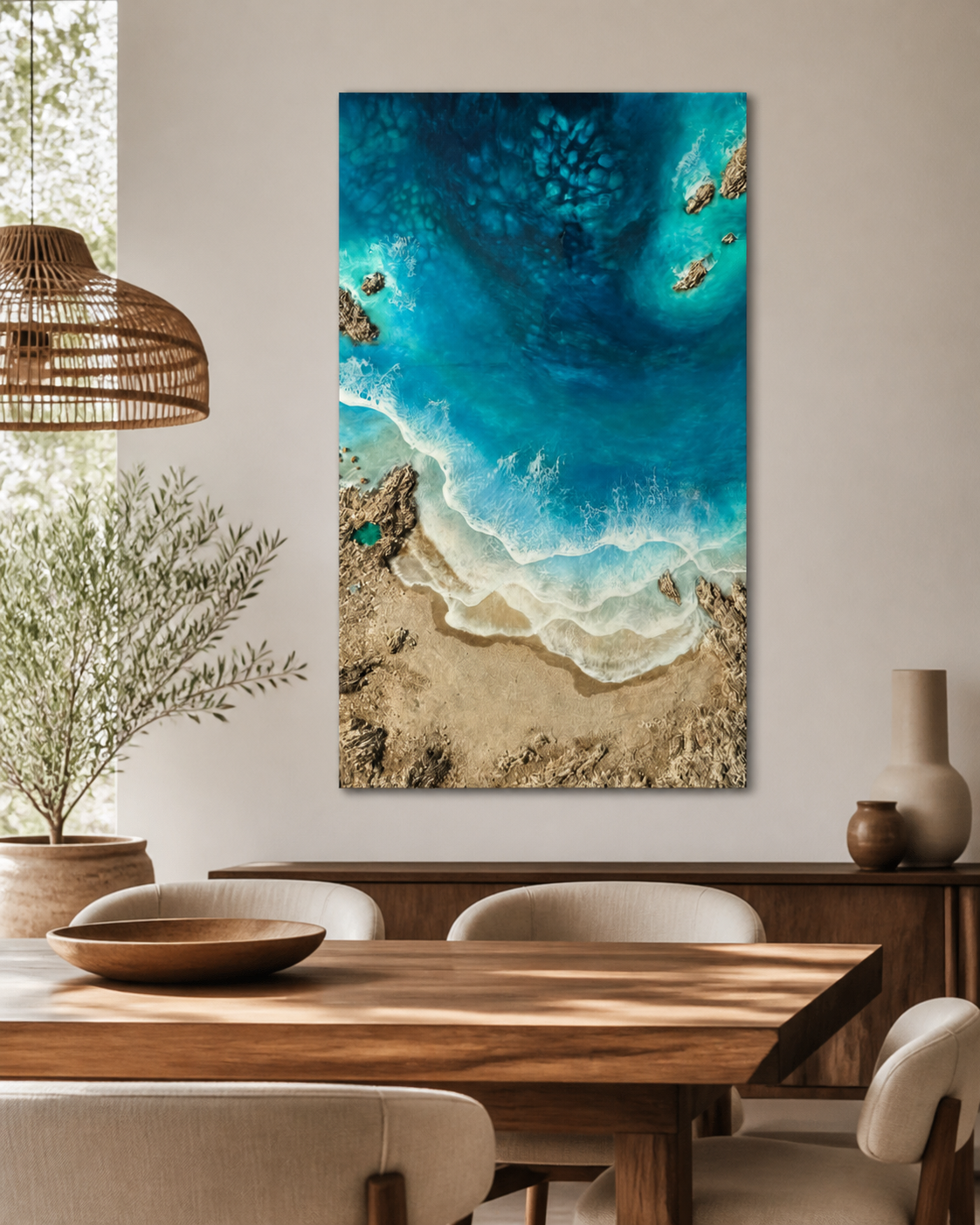 3D ocean beach resin wall art with turquoise water and white waves Luxury coastal resin wall art for modern home interiors