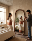 Luxury Arched Full Length Floor Mirror – Large Wood Frame Leaning Wall Mirror for Bedroom & Living Room - 55 x 22 inch