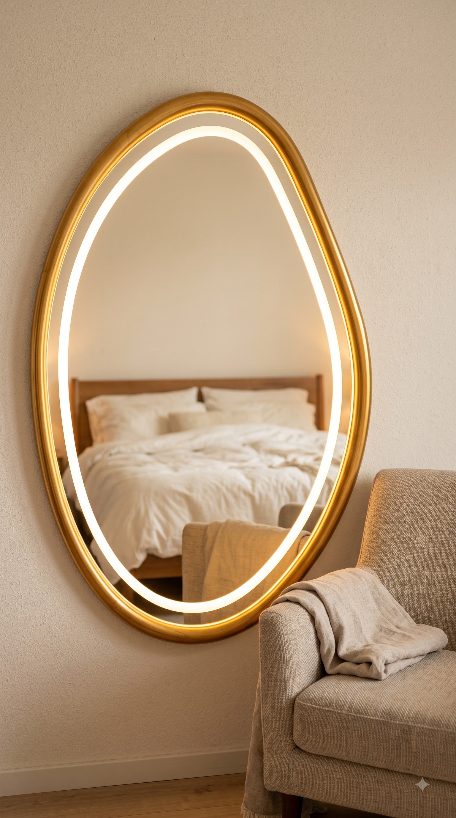 Teak Wood LED Wall Mirror 48 x 32 Inch | Large Designer Wooden Mirror with LED Light for Bedroom &amp; Home Decor