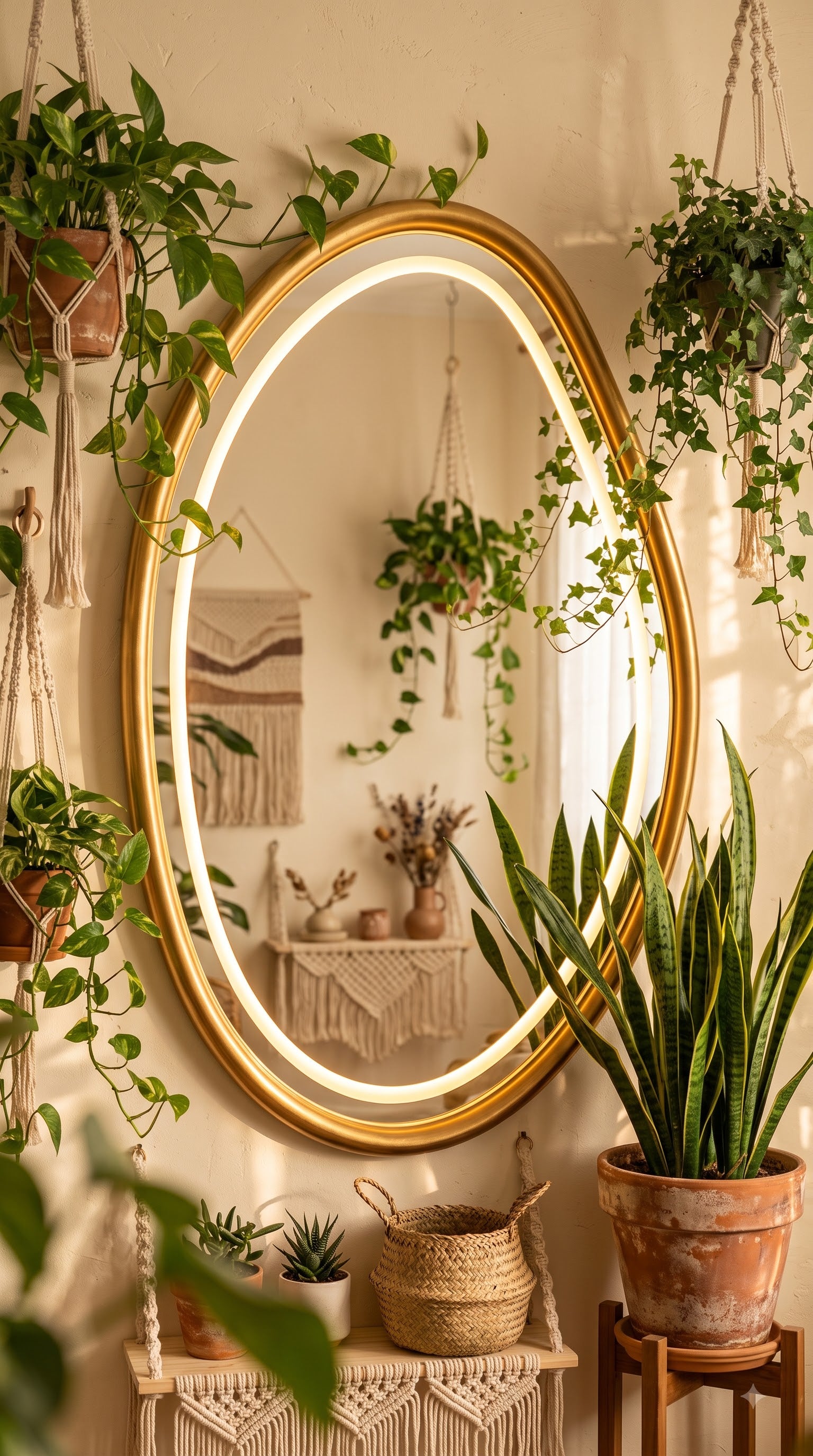 Teak Wood LED Wall Mirror 48 x 32 Inch | Large Designer Wooden Mirror with LED Light for Bedroom &amp; Home Decor