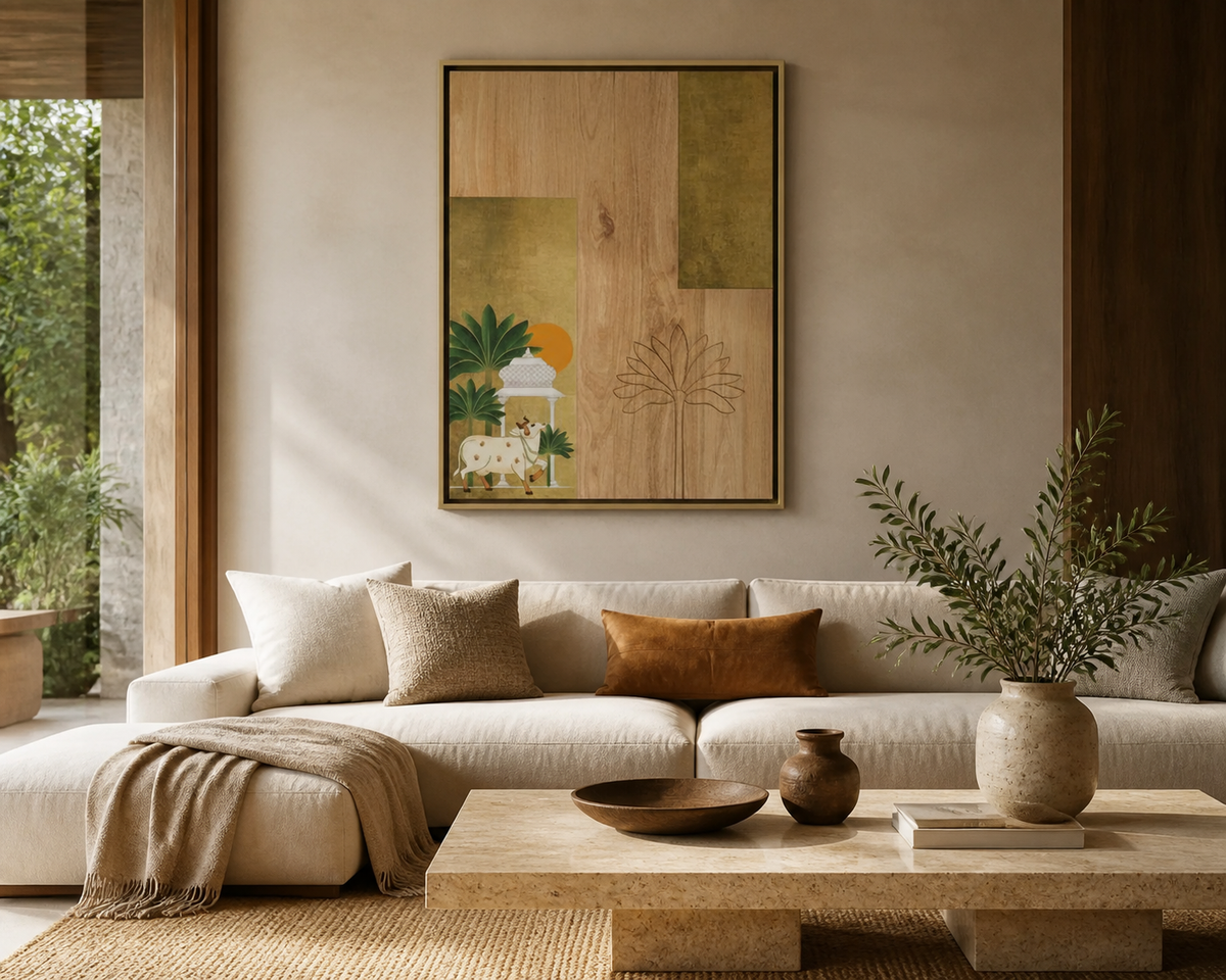 Modern abstract Pichwai 3D textured canvas wall art painting featuring lotus and cow motifs