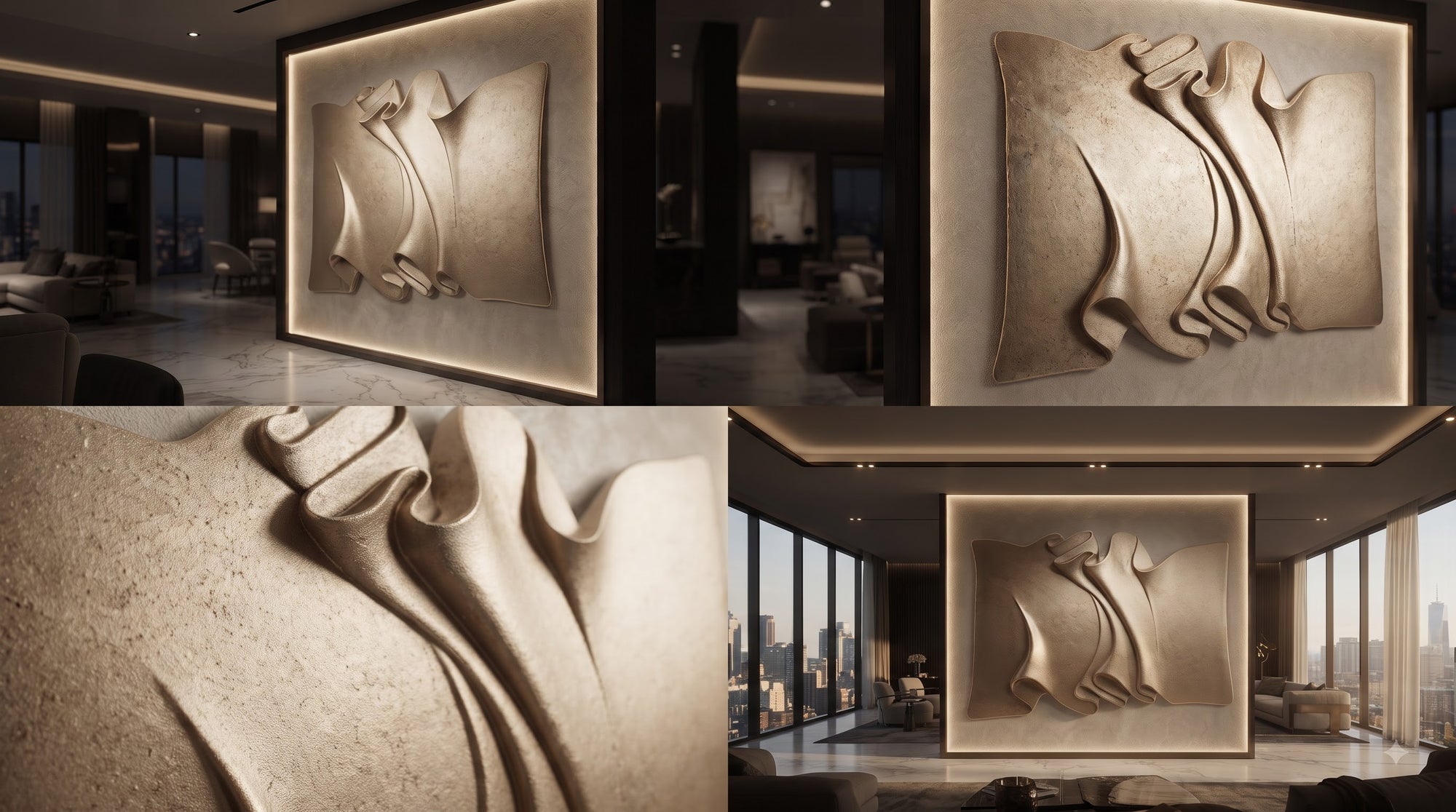 Oversized 5.5 by 4 ft Metamorphosis textured relief wall mural hung above sofa in luxury living room