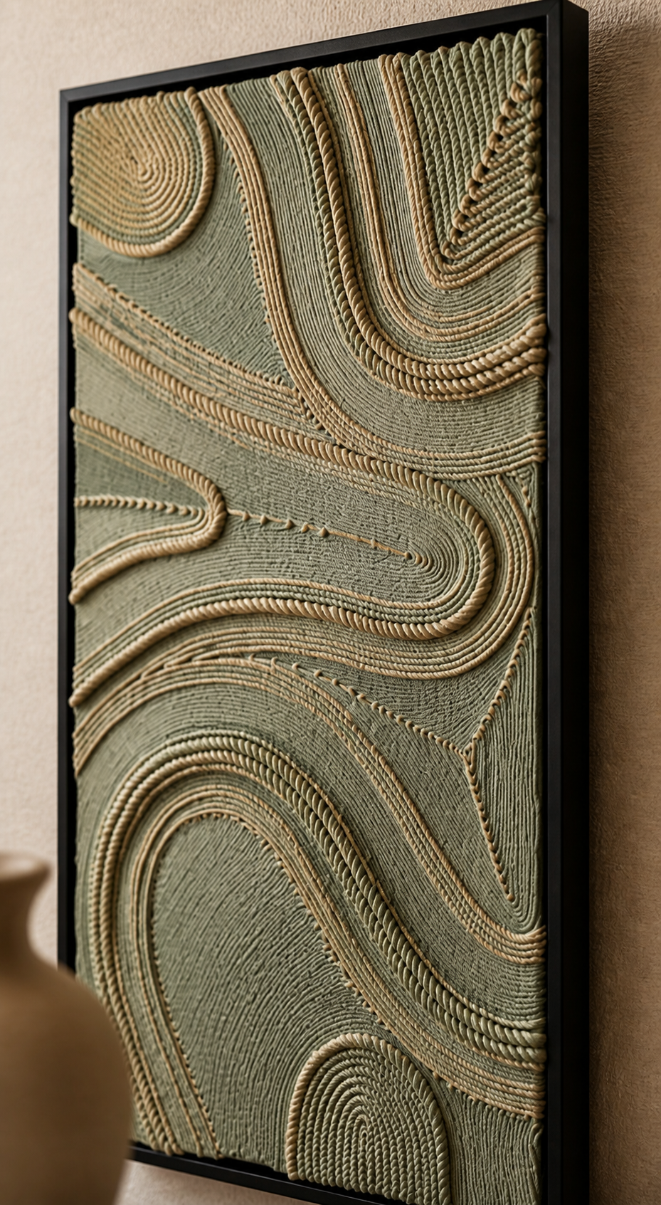 Boho luxury 3D macrame and texture wall sculpture styled in modern living room setup