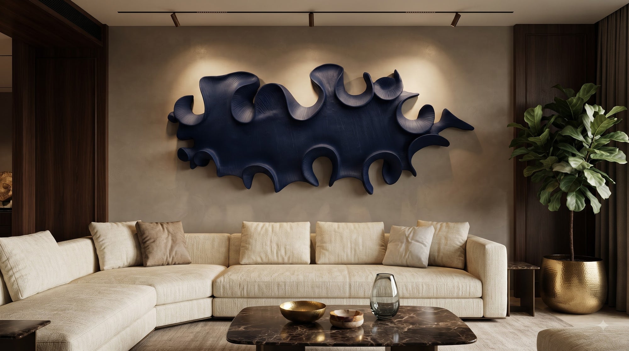 Luxury sculpted coastal seaweed relief texture and layered acrylic paint on FRP panel