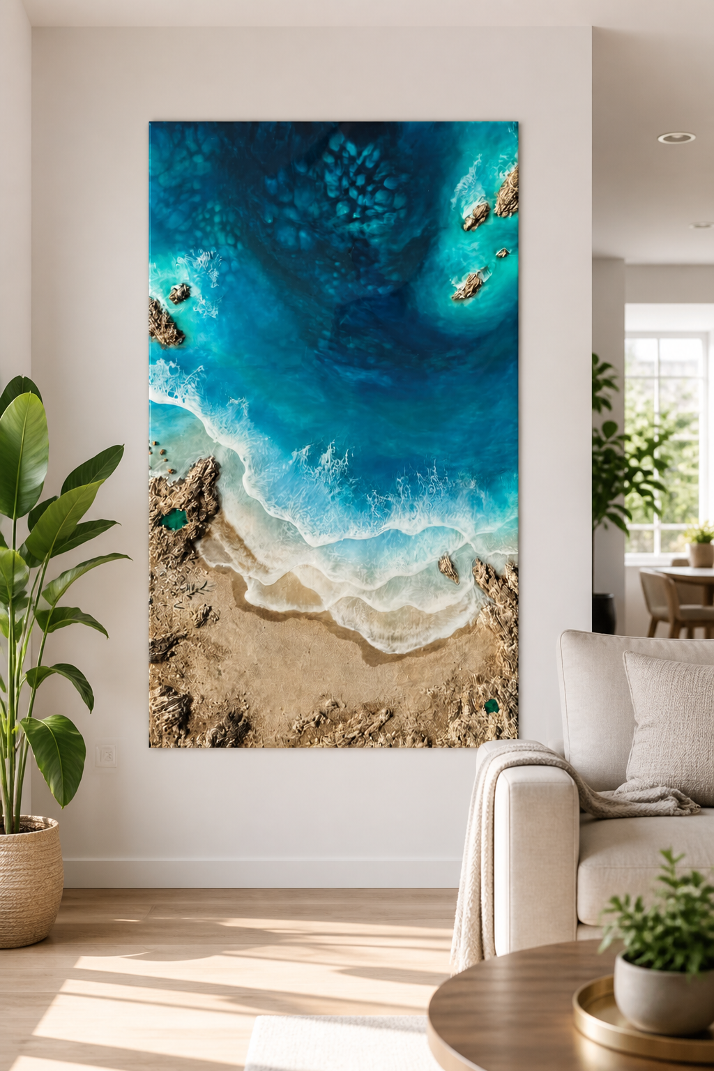 Luxury ocean resin wall art with turquoise sea, waves and sandy beach