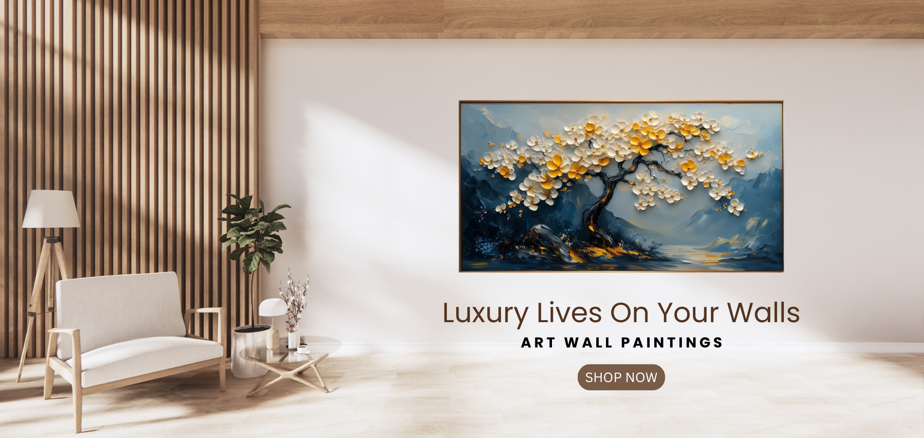 Modern living room with a large abstract painting on the wall, promoting art wall paintings.