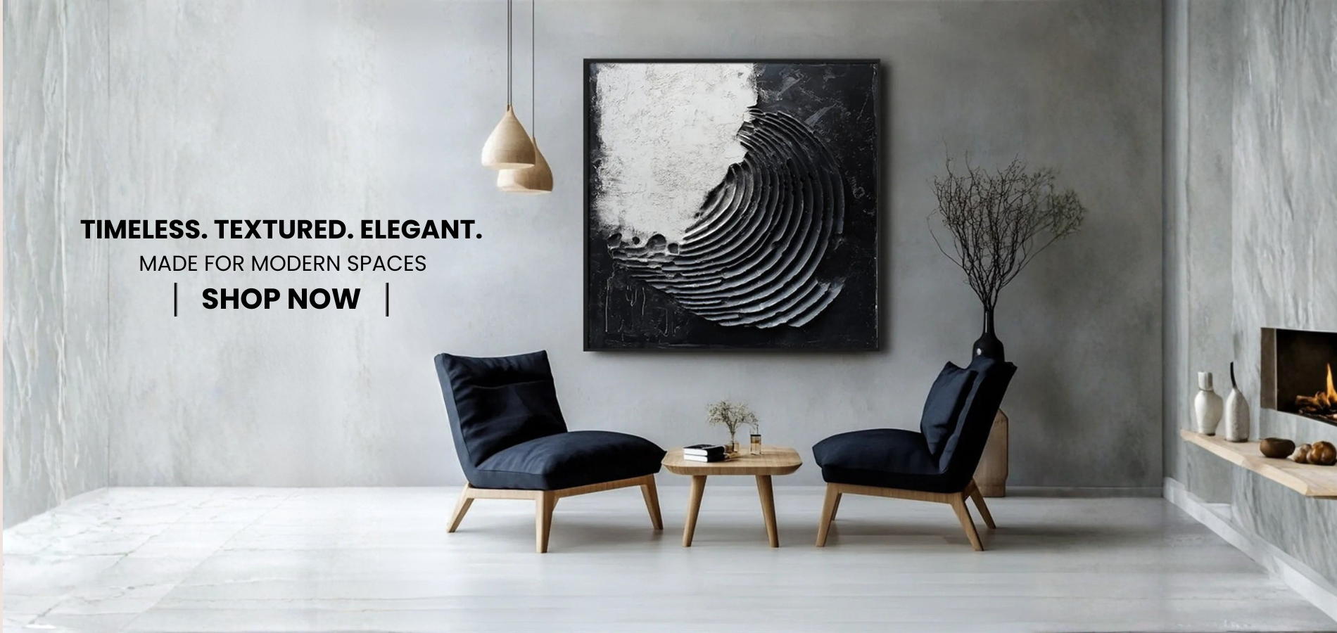 Modern living room with black chairs, abstract art, and minimal decor.

