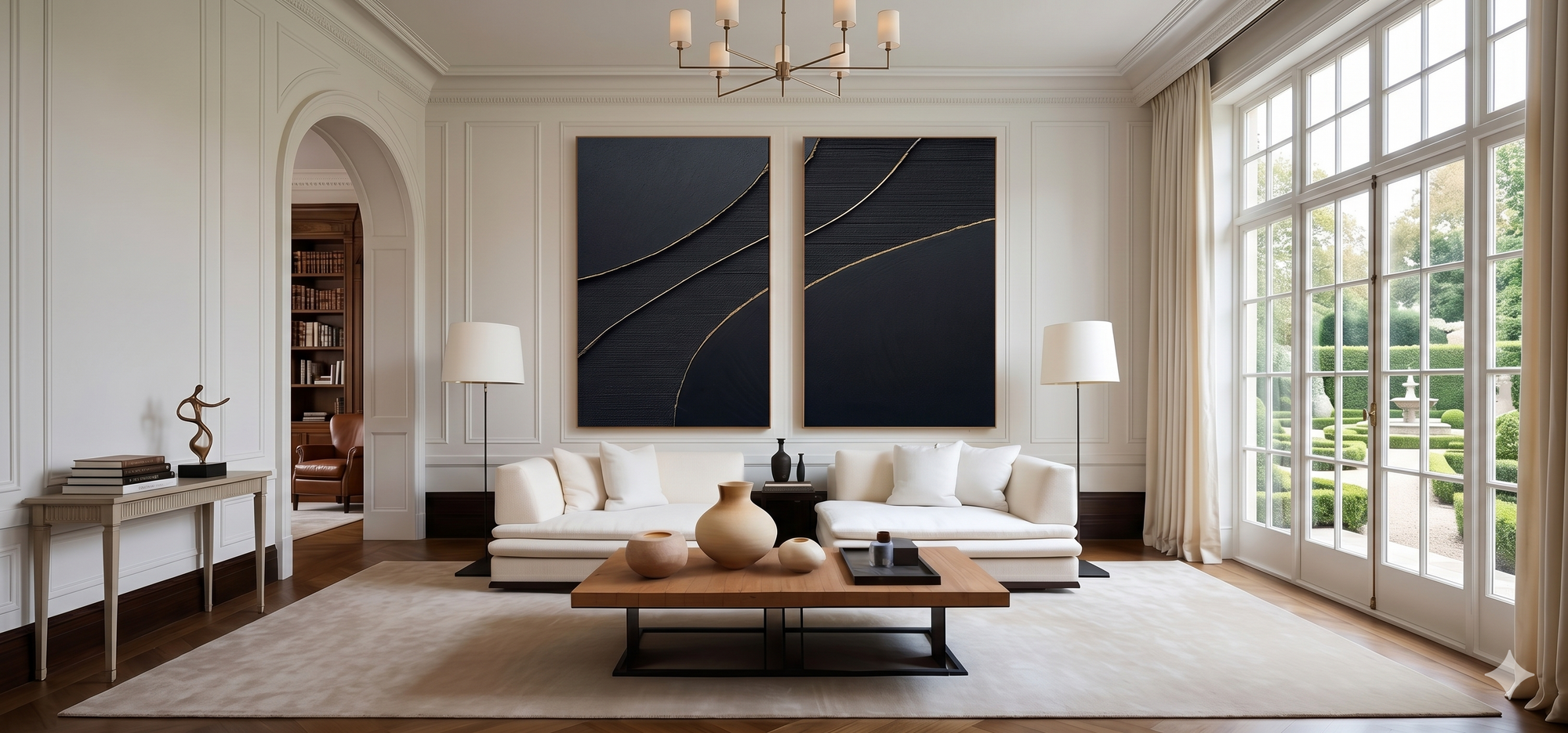 Modern living room with white sofa, wooden coffee table, and large windows.