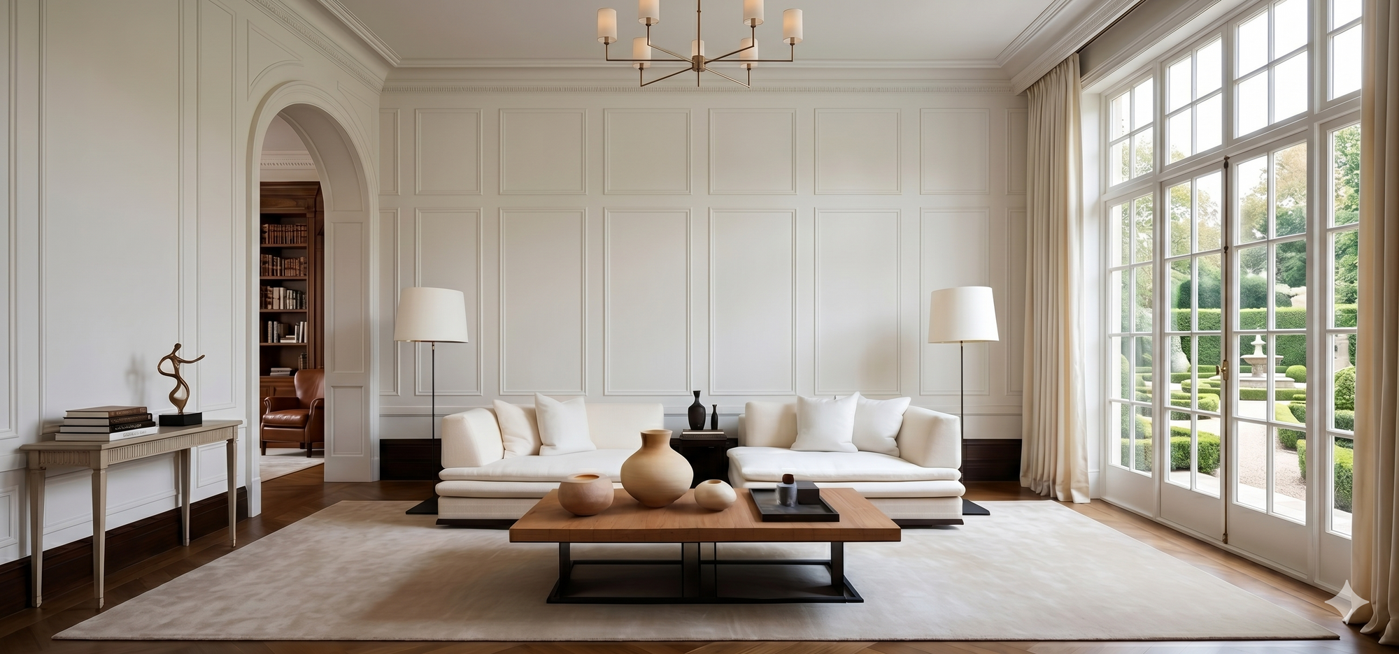Modern living room with white sofa, wooden coffee table, and large windows.