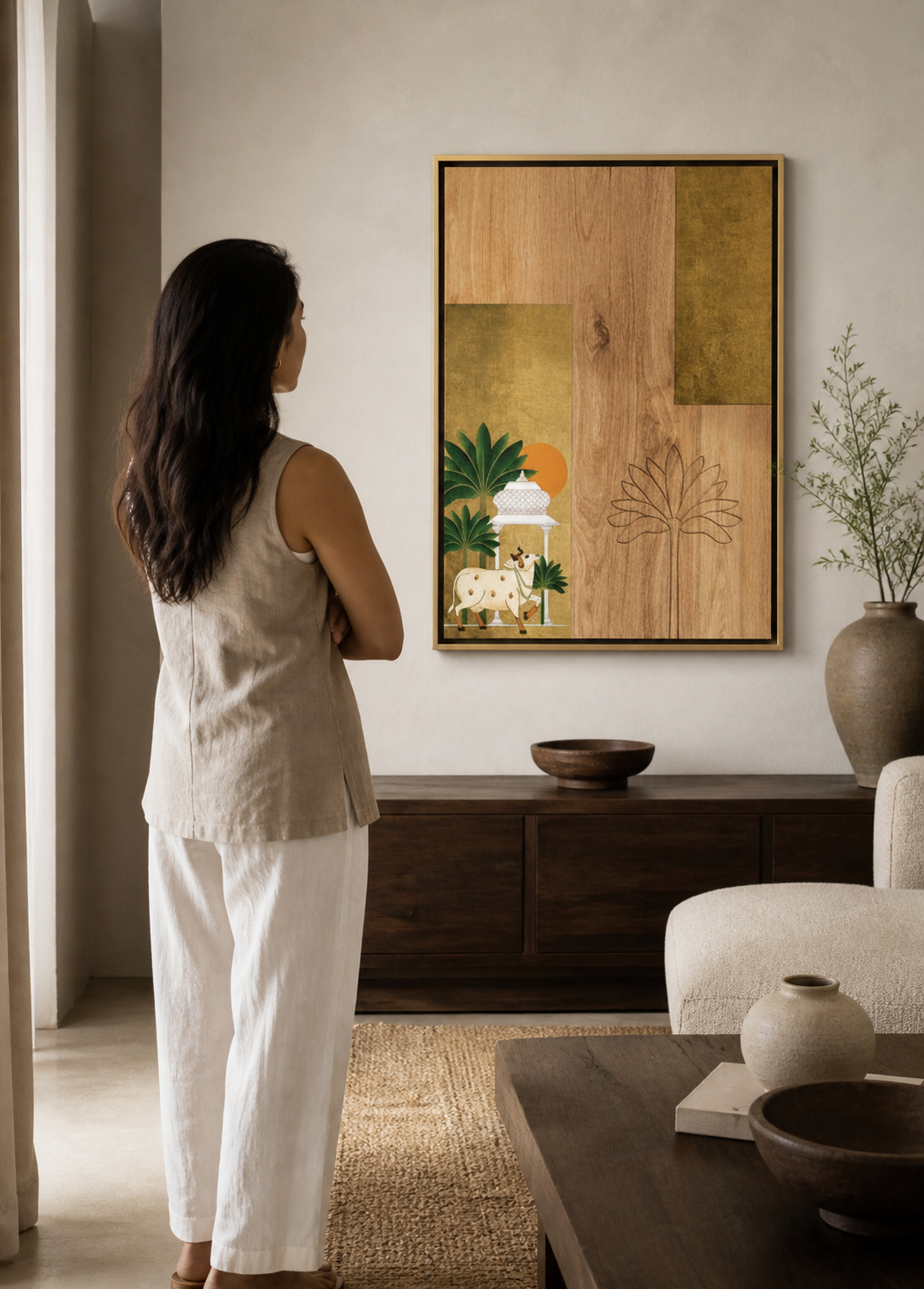 Handcrafted modern Pichwai relief painting styled near pooja room entrance in modern Indian home