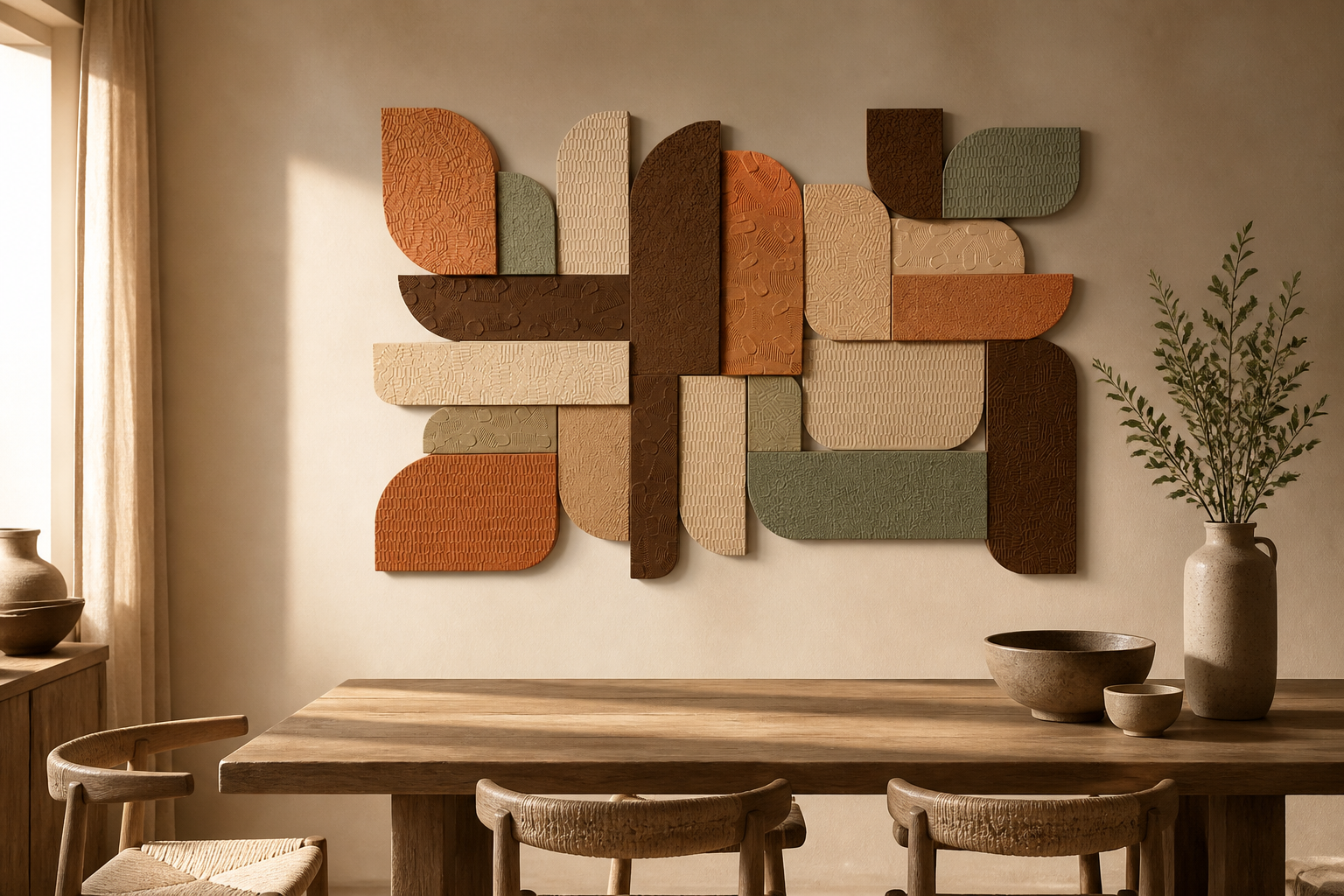 Warm accent spotlight casting deep architectural shadows along 3D geometric relief steps