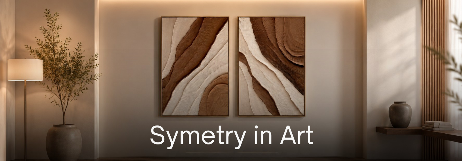 Two abstract wall art pieces with 'Symetry in Art' text in a modern interior setting.