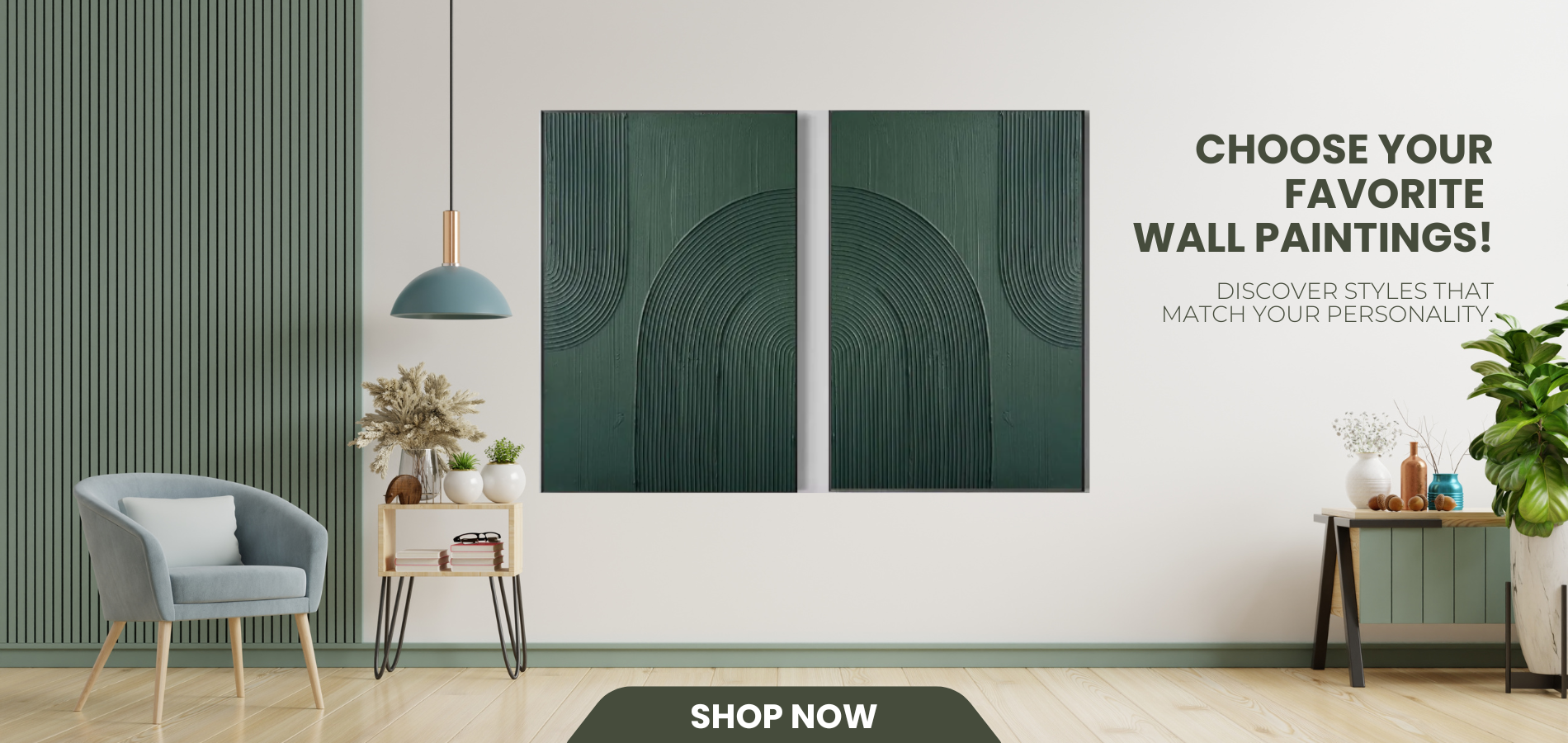 Two green wall paintings on a white wall with a chair and decor items below.