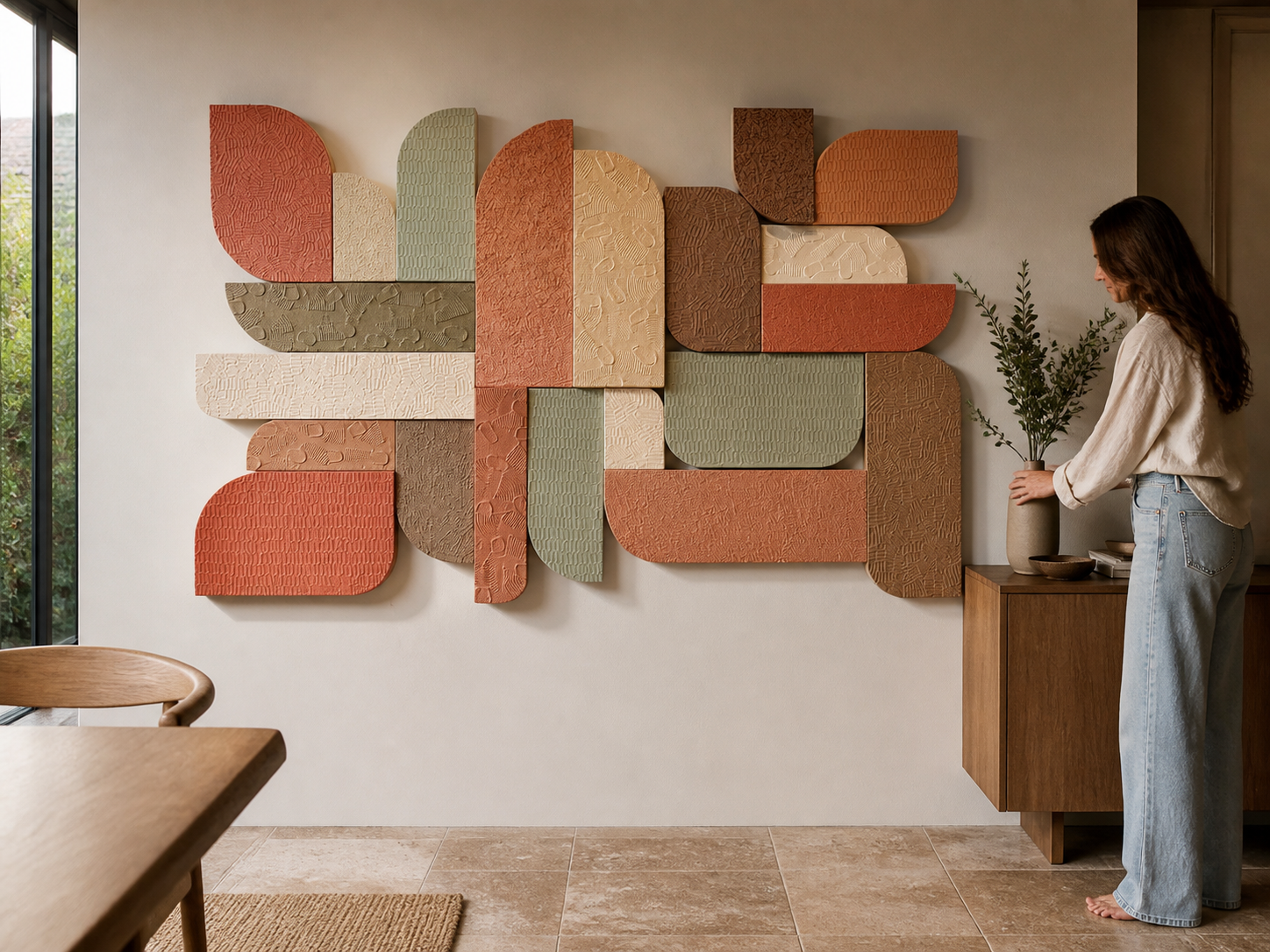 Oversized colorful geometric 3D relief mural styled above sofa in luxury modern penthouse