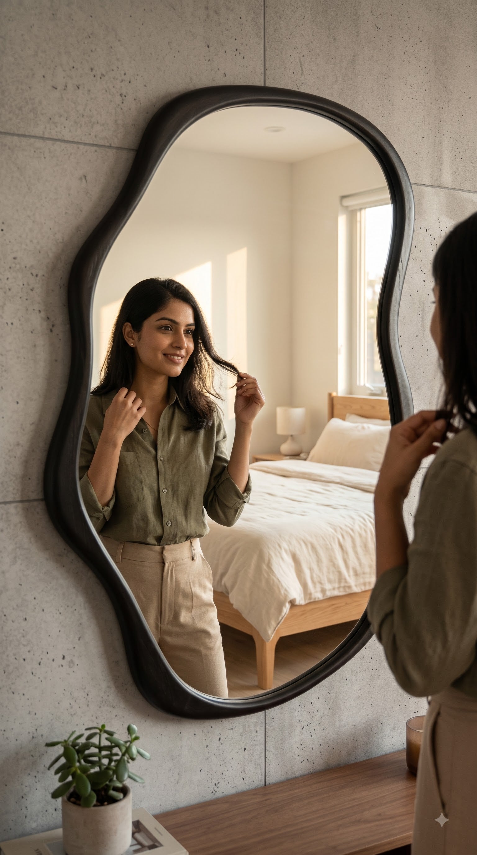 Modern Textured Wall Mirror 48 x 24 Inch | Designer HDHMR PU Finish Mirror for Bedroom &amp; Home Decor