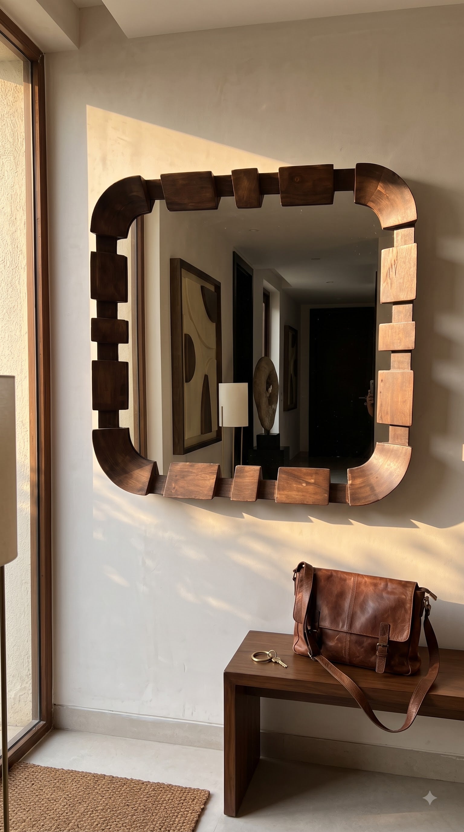 Teak Wood Wall Mirror 26 x 26 Inch | Handmade Wooden Decorative Mirror for Bedroom &amp; Home Decor