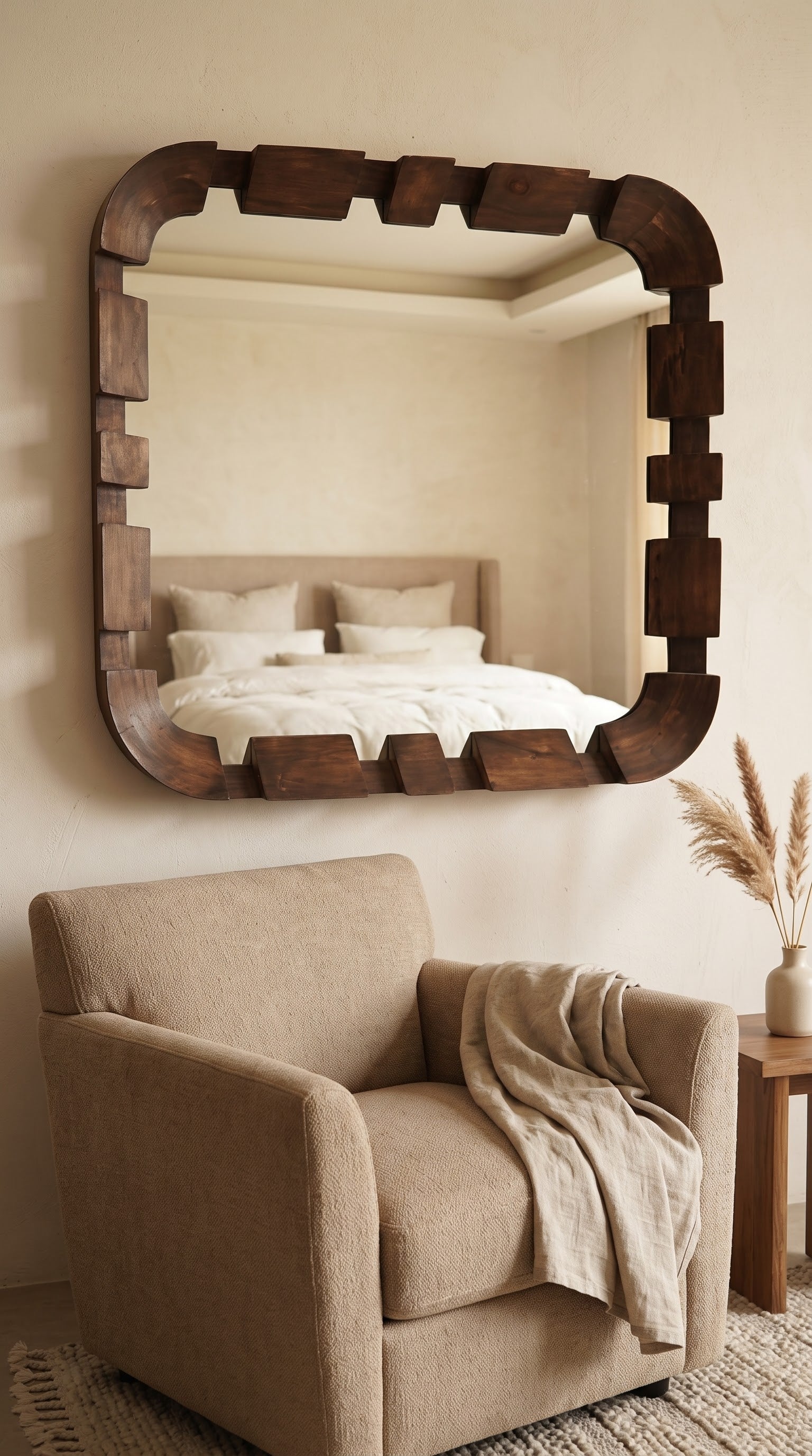 Teak Wood Wall Mirror 26 x 26 Inch | Handmade Wooden Decorative Mirror for Bedroom &amp; Home Decor