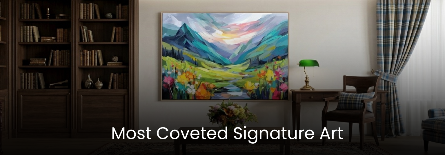 Colorful abstract painting on a wall in a room with furniture and decor.