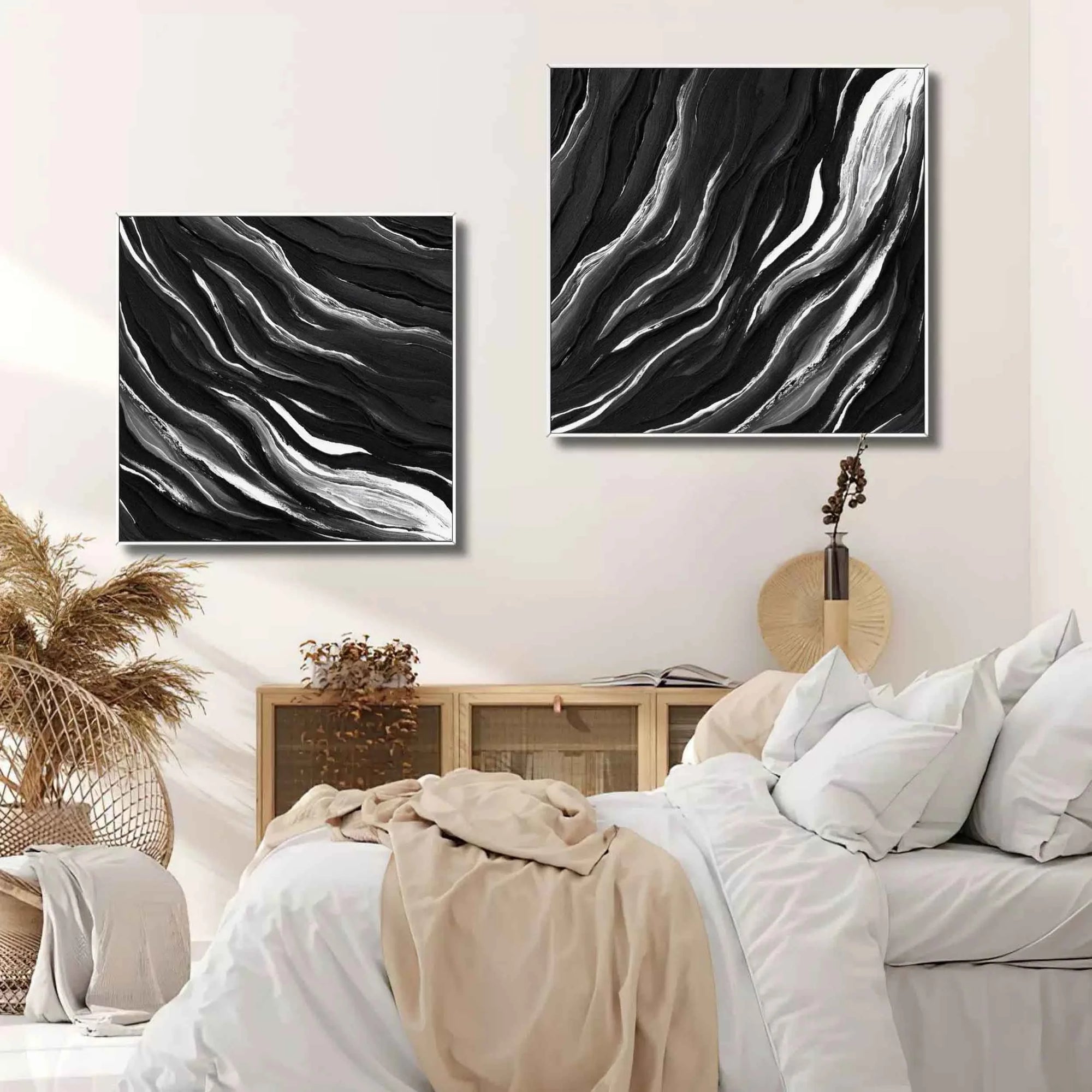 Black Monochrome Tides Diptych Set Of 2 - Artwallpainting